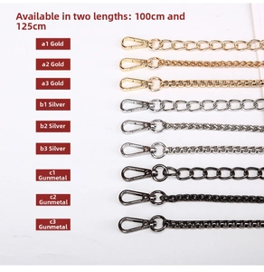 Various metal bag chain straps in gold, silver, and gunmetal finishes for replacement
