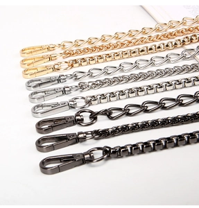 Close-up of metal chain straps in gold, silver and gun black for women handbags