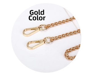 Detail of gold metal chain strap for women's bags with lobster clasps on white background