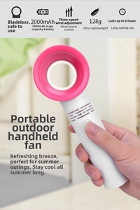 Pink and white bladeless handheld fan held in hand with 2000mAh battery and USB port