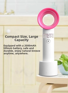 Detail view of pink leafless handheld fan with 2000mAh battery and desktop base