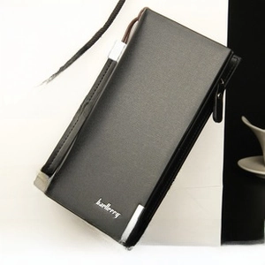 Short black leather wallet for men with zipper closure and detachable wrist strap