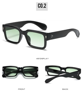 Lunettes de soleil carrées noires à verres verts avec détails de rivets en plusieurs vues