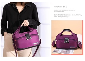 Detail of purple waterproof nylon handbag with silver hardware and leather handles