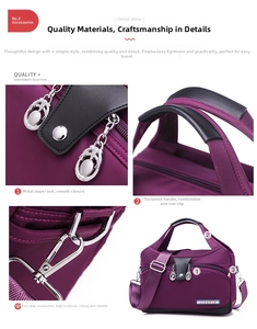 Detailed view of women nylon shoulder bag hardware, reinforced handle, and smooth zipper.