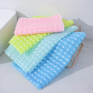 Nylon exfoliating bath towels in four colors with textured wavy weave for body cleaning
