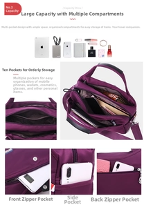 Detail view of purple oxford fabric bag with 10 pockets for storage and organization