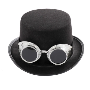 Steampunk black felt top hat featuring silver goggles on a clean white background
