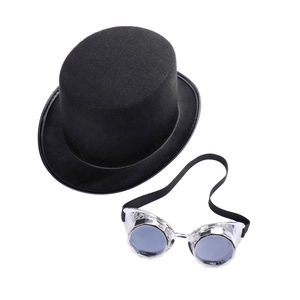 Detail view of black felt steampunk top hat with metallic silver goggles on white background