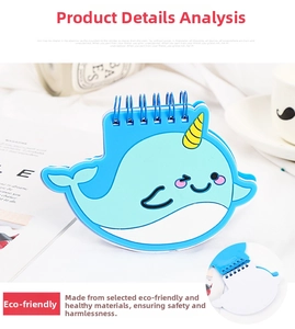 Detail of creative narwhal shape notebook with blue metal spiral coil and soft PVC cover