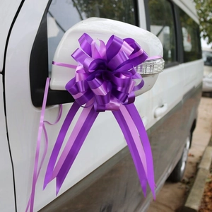 Purple plastic pull bow ribbon on car rearview mirror for wedding flower gift decor