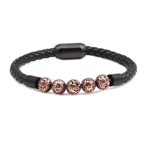 Men's braided black leather bracelet with bronze lava stone beads and magnetic metal clasp