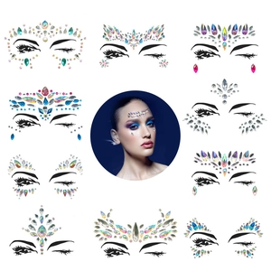 Grid layout showing 10 designs of crystal face jewels for forehead and face makeup