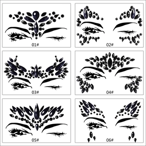 Detail view of six black facial gemstone sticker designs for eyes and forehead