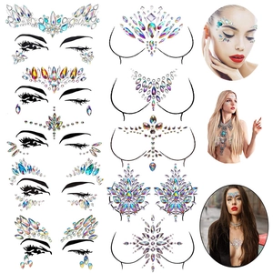 Glittering face and body rhinestone tattoo set with colorful facial and chest jewel stickers