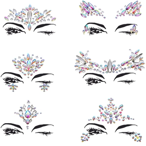 Detail of six iridescent crystal face jewels and forehead rhinestones for makeup looks