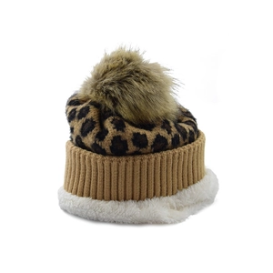 Detail of leopard knit beanie showing warm fleece lining and fluffy faux fur pompom