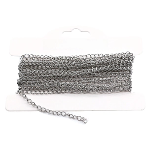 Silver stainless steel extension chain wound on white card for DIY jewelry making