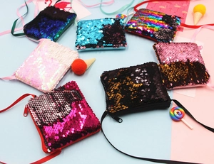 Detailed flat lay of colorful sequin crossbody coin purses for girls with flip sequins