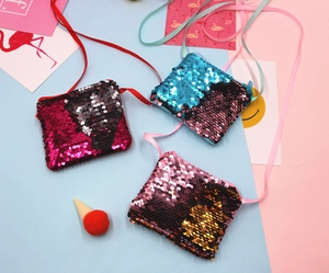 Detailed view of colorful mermaid sequin crossbody bags for kids with satin straps