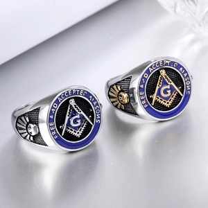 Men's Freemason signet ring in stainless steel with blue enamel and gold G symbol