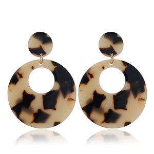 Detailed view of fashionable acrylic leopard print round dangle earrings on white background