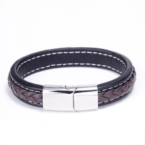 Men's double-layer braided black and brown leather bracelet with polished silver metal clasp
