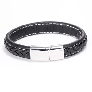 Minimalist black braided leather bracelet featuring a polished silver magnetic metal clasp