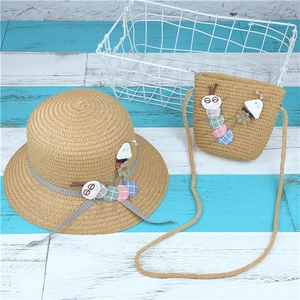 Kids straw hat and crossbody bag set with caterpillar decor and polka dot ribbon