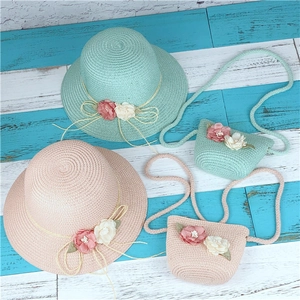 Chapeau De Paille D'été Et Sac Bandoulière Assorti Nœud Floral Protection Solaire Plage Voyage Style Pastoral Enfants Femmes