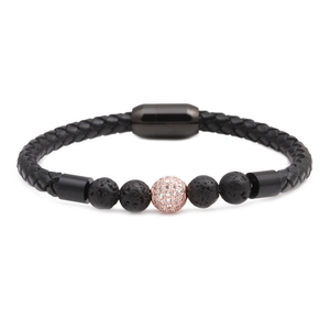 Mens black leather bracelet with volcanic stone beads and rose gold zircon ball charms