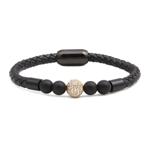 Men's black braided leather bracelet with lava beads, zircon pavé ball and magnetic clasp