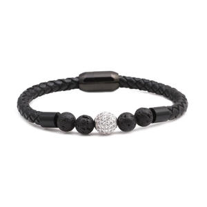 Men's braided leather bracelet with lava stone beads and micro-pave zircon sphere