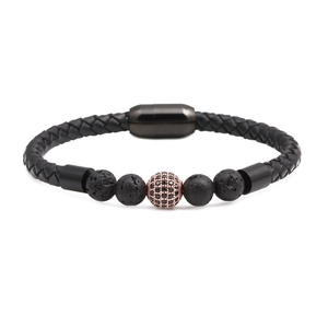 Men's black braided leather bracelet with lava stones and rose gold zircon sphere charm