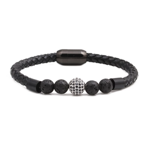 Detail of men's leather braided bracelet with lava stone beads and magnetic metal clasp