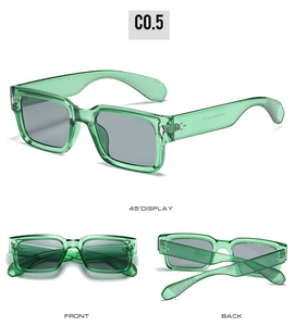 Vues détaillées de lunettes de soleil carrées vertes translucides avec clous et branches