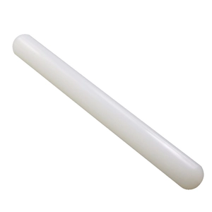 Macro view of solid white PP plastic rolling pin showing smooth non-stick surface
