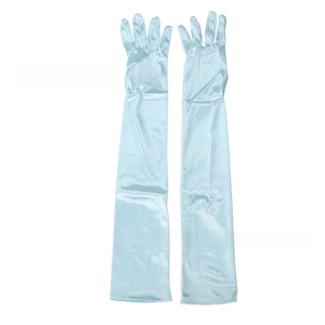 Dettaglio guanti lunghi in raso elasticizzato azzurro per matrimoni o cosplay