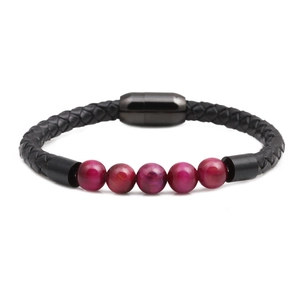 Braided leather bracelet with 8mm pink tiger eye beads and black magnetic clasp