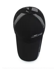 Top view of a black quick-dry mesh baseball cap featuring sports printing and breathable holes
