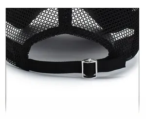 Close-up of mesh fabric texture and adjustable metal buckle on a black baseball cap