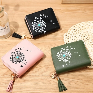 Three minimalist PU leather short wallets for women with dandelion prints and tassels