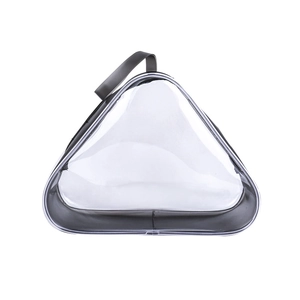 Triangle transparent PVC makeup bag with black zipper and handle for travel