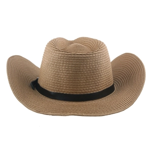 Classic brown woven straw cowboy hat with wide brim and black decorative band