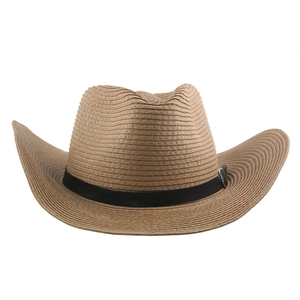 Khaki woven straw cowboy hat with black leather belt buckle and wide upturned brim