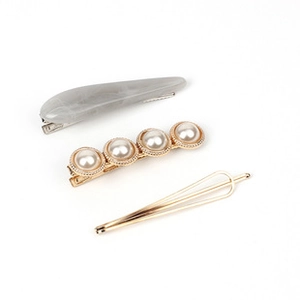 Detailed set of 3 hair clips with grey resin, gold metal, and faux pearl accents