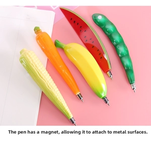 Magnetic fruit and vegetable shaped pens shown attached to a metallic surface