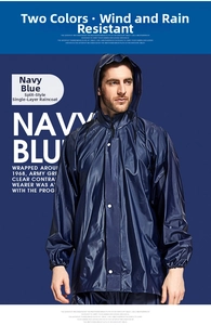 Detail of navy blue waterproof two-piece raincoat set with hood and elastic cuffs