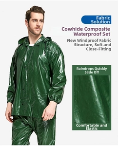 Detail of dark green waterproof PVC rain suit featuring drawstring hood and snap buttons