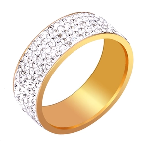 Golden stainless steel eternity ring featuring five rows of shimmering pave set crystals